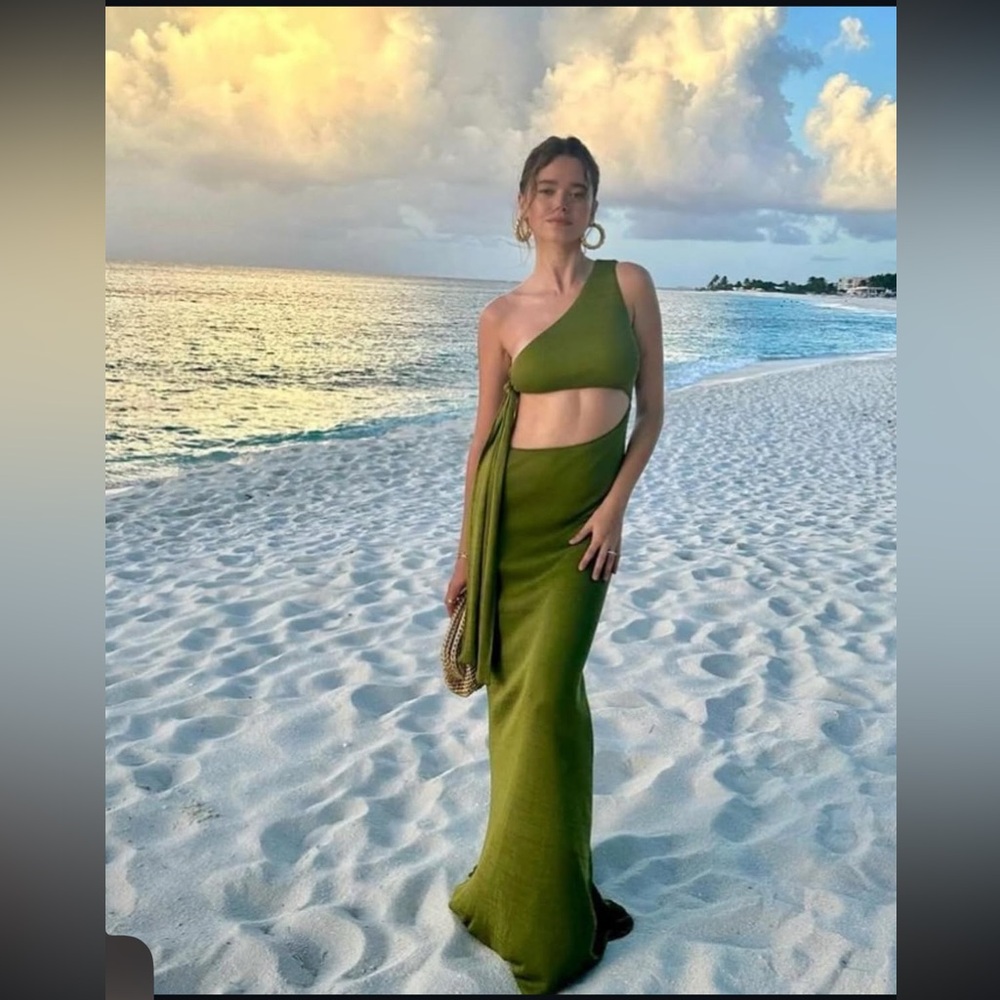 NWT Savannah Morrow $500 Chic Green One-Shoulder Maxi Dress size XS